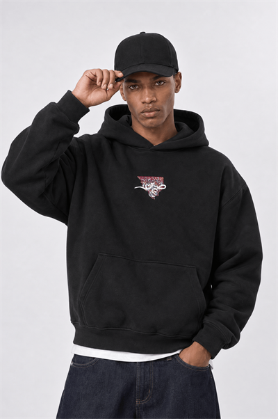 Erkek Sabr Patch Detaylı Oversize Hoodie Siyah