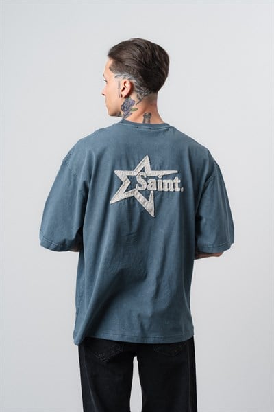 Erkek Saint Nakışlı Yıkamalı Oversize T-Shirt Petrol