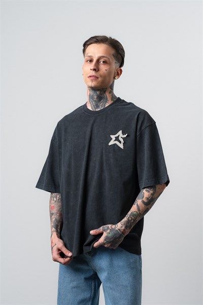 Erkek Saint Nakışlı Yıkamalı Oversize T-Shirt Siyah