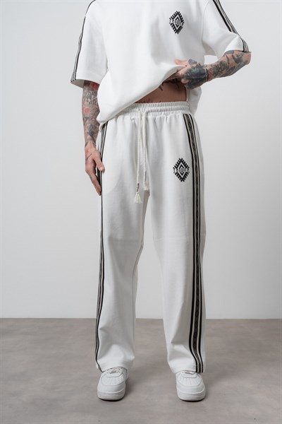 Erkek Şerit Detaylı Baggy Eşofman Altı Ekru