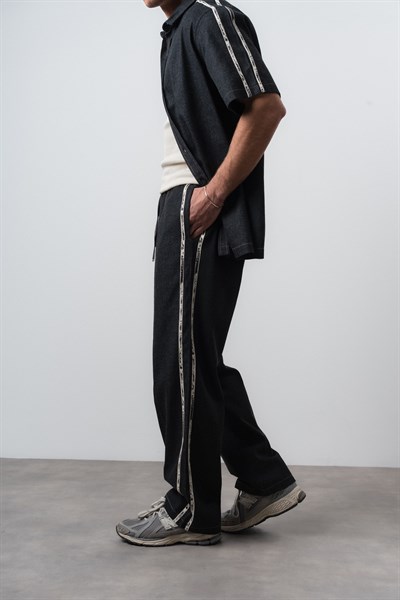 Erkek Şerit Detaylı Denim Baggy Pantolon Siyah