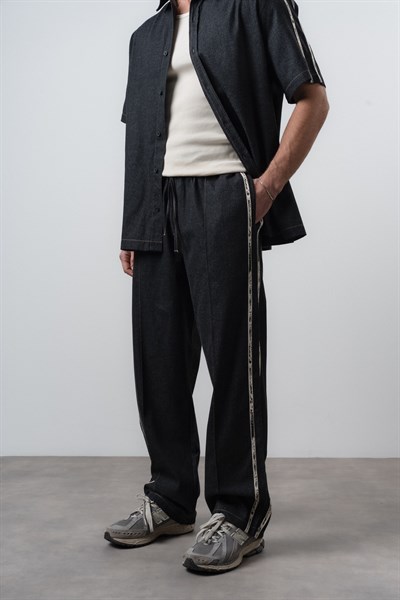 Erkek Şerit Detaylı Denim Baggy Pantolon Siyah