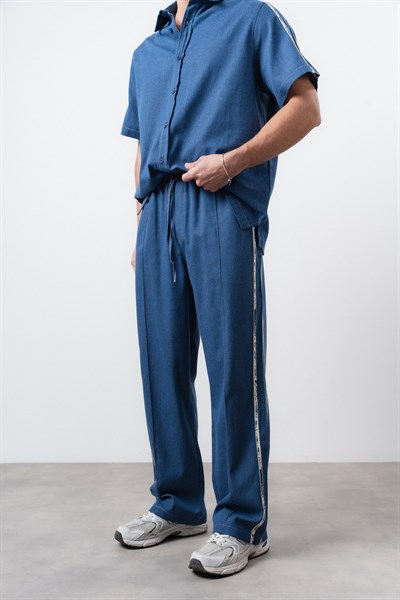 Erkek Şerit Detaylı Denim Baggy Pantolon Lacivert