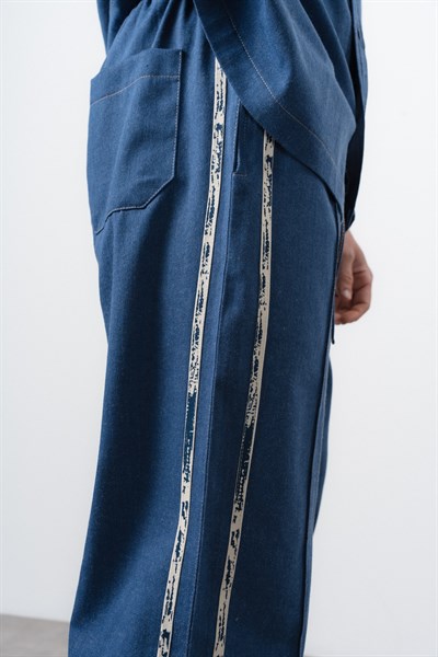 Erkek Şerit Detaylı Denim Baggy Pantolon Lacivert