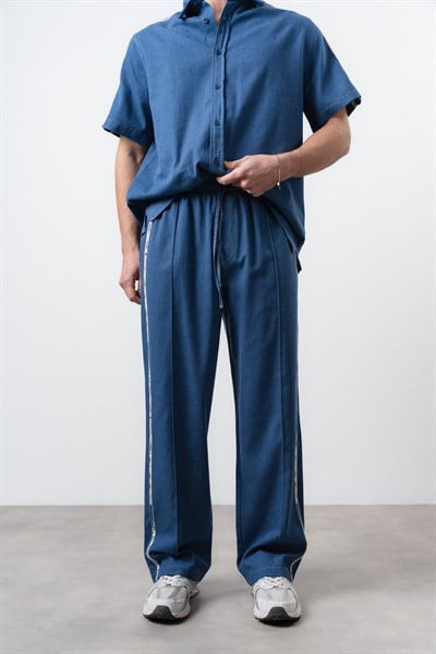Erkek Şerit Detaylı Denim Baggy Pantolon Lacivert