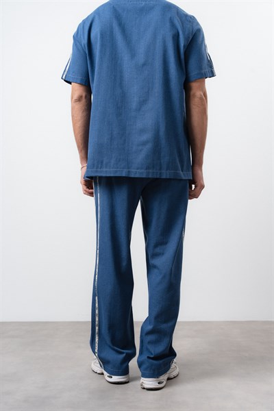 Erkek Şerit Detaylı Denim Baggy Pantolon Lacivert