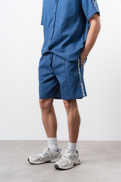 Erkek Şerit Detaylı Denim Şort Lacivert