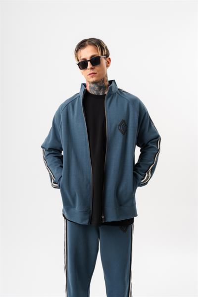 Erkek Şerit Detaylı Dik Yaka Doubleface Zip Oversize Sweatshirt Petrol