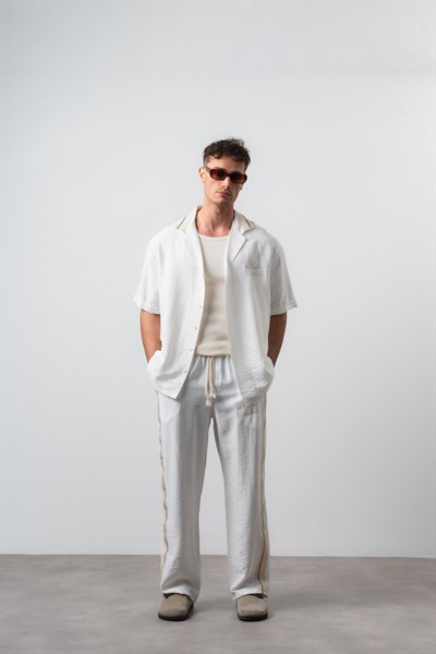 Erkek Şerit Detaylı Keten Oversize Gömlek Pantolon Takım Ekru