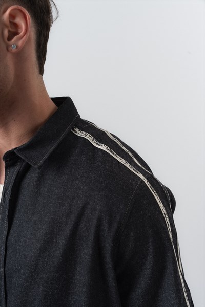 Erkek Şerit Detaylı Uzun Kollu Denim Gömlek Siyah