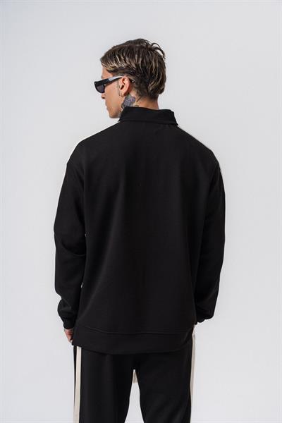 Erkek Şerit Detaylı Yarım Fermuarlı Modal Sweatshirt Siyah