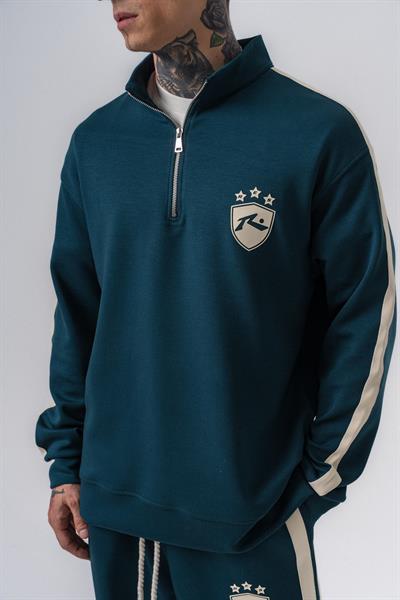 Erkek Şerit Detaylı Yarım Fermuarlı Modal Sweatshirt Zümrüt