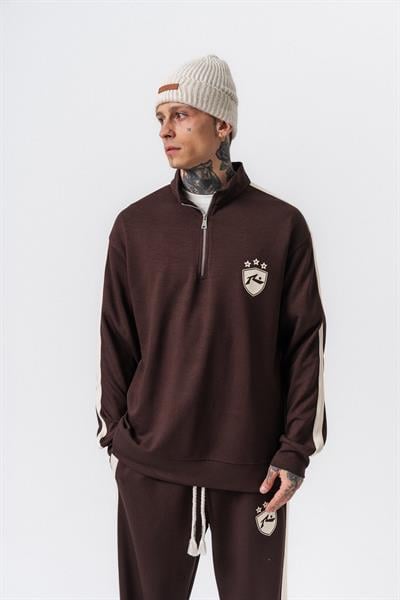 Erkek Şerit Detaylı Yarım Fermuarlı Modal Sweatshirt Kahve