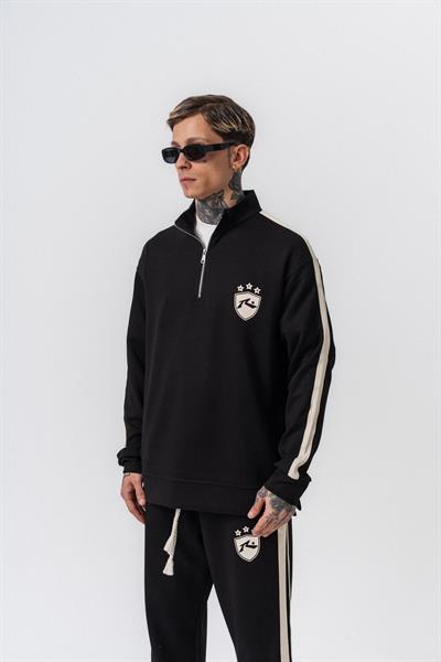 Erkek Şerit Detaylı Yarım Fermuarlı Modal Sweatshirt Siyah