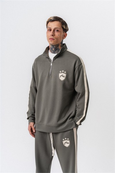 Erkek Şerit Detaylı Yarım Fermuarlı Modal Sweatshirt Haki