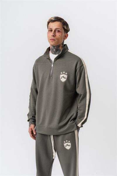 Erkek Şerit Detaylı Yarım Fermuarlı Modal Sweatshirt Haki