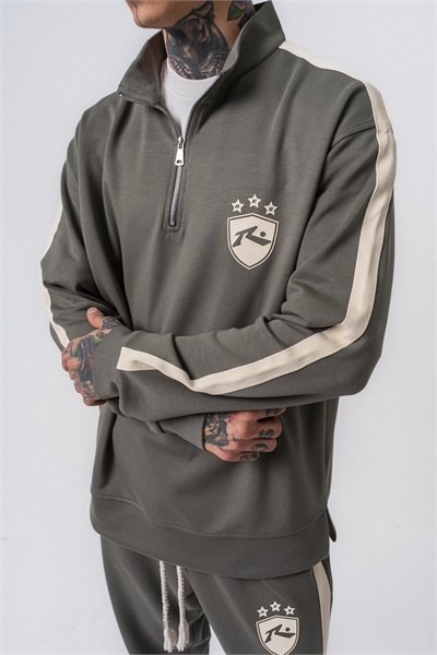 Erkek Şerit Detaylı Yarım Fermuarlı Modal Sweatshirt Haki