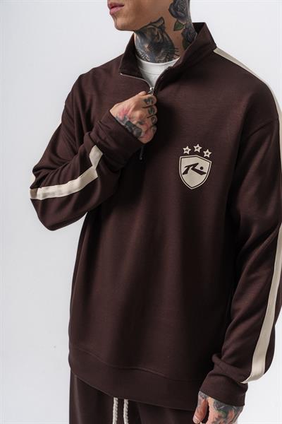 Erkek Şerit Detaylı Yarım Fermuarlı Modal Sweatshirt Kahve
