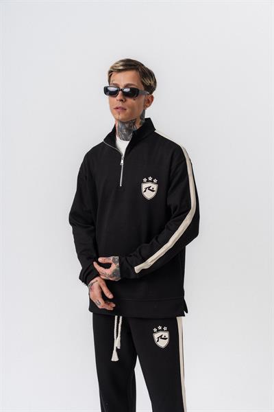 Erkek Şerit Detaylı Yarım Fermuarlı Modal Sweatshirt Siyah