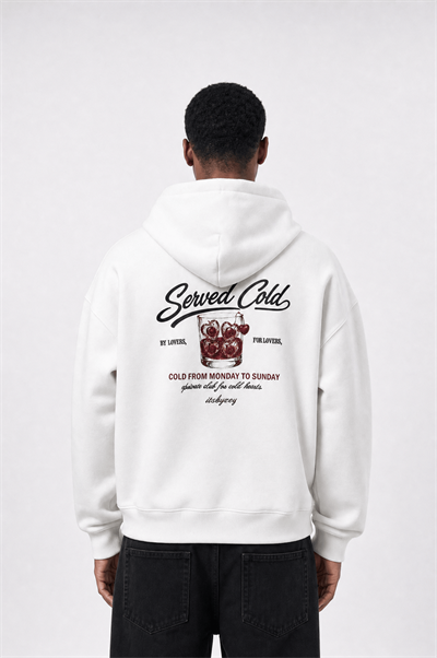 Erkek Served Cold Baskılı Oversize Hoodie Ekru