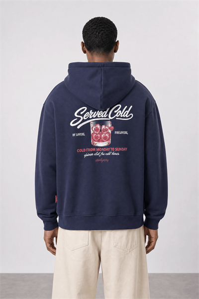 Erkek Served Cold Baskılı Oversize Hoodie Lacivert