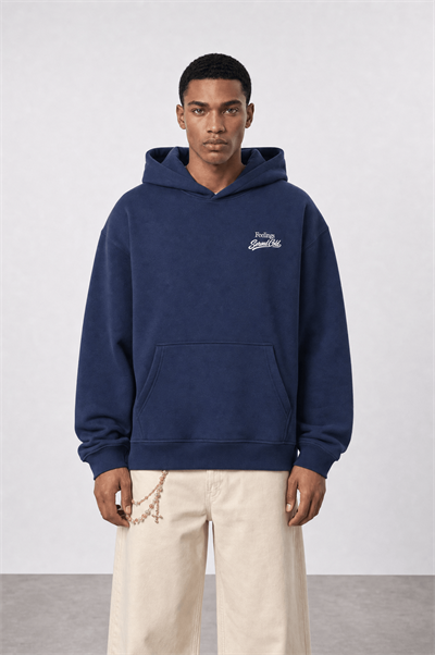 Erkek Served Cold Baskılı Oversize Hoodie Lacivert