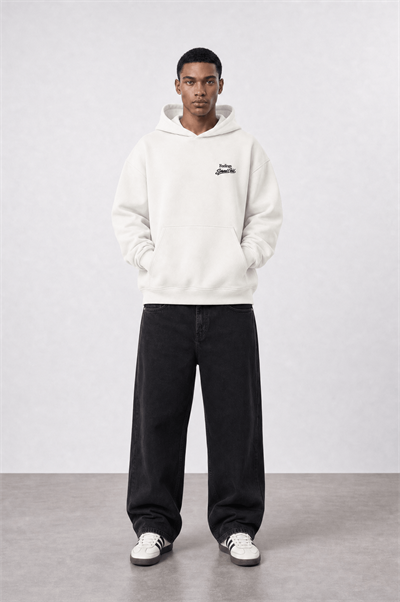 Erkek Served Cold Baskılı Oversize Hoodie Ekru