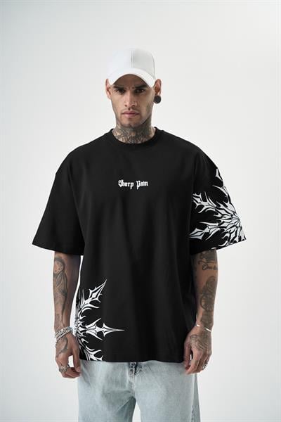 Erkek Sharp Pain Baskılı Oversize T-Shirt Siyah