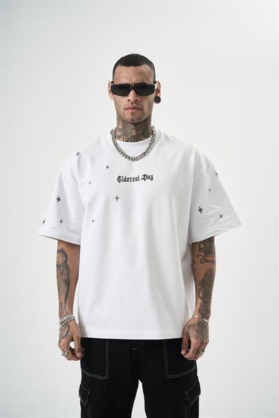 Erkek Sidereal Nakışlı Oversize T-Shirt Beyaz