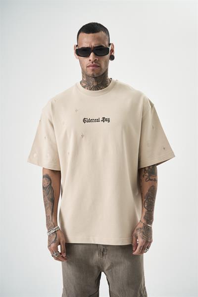 Erkek Sidereal Nakışlı Oversize T-Shirt Bej