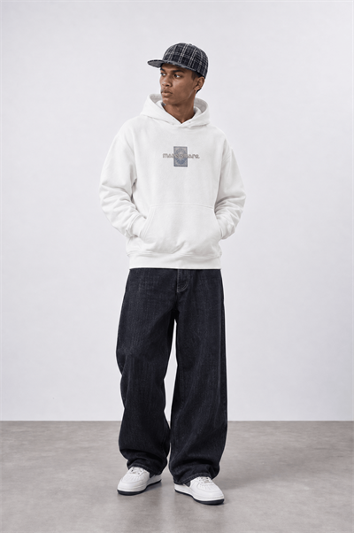 Erkek Sky Patch Detaylı Oversize Hoodie Ekru