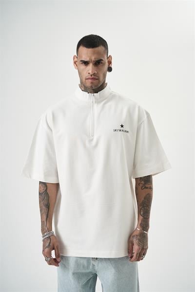 Erkek Skywalking Baskılı Yarım Fermuarlı Oversize T-Shirt Ekru