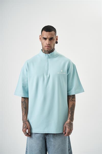 Erkek Skywalking Baskılı Yarım Fermuarlı Oversize T-Shirt Bebe Mavi