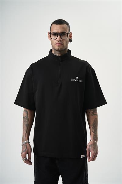 Erkek Skywalking Baskılı Yarım Fermuarlı Oversize T-Shirt Siyah
