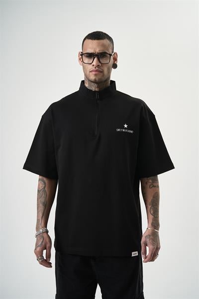 Erkek Skywalking Baskılı Yarım Fermuarlı Oversize T-Shirt Siyah