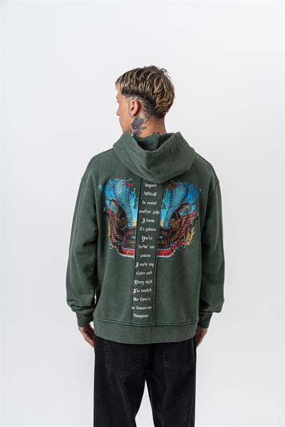 Erkek Snake Baskılı Yıkamalı Kapüşonlu Oversize Hoodie Yeşil