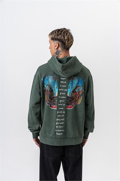 Erkek Snake Baskılı Yıkamalı Kapüşonlu Oversize Hoodie Yeşil