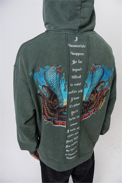 Erkek Snake Baskılı Yıkamalı Kapüşonlu Oversize Hoodie Yeşil