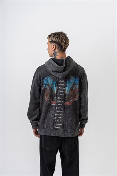 Erkek Snake Baskılı Yıkamalı Kapüşonlu Oversize Hoodie Siyah