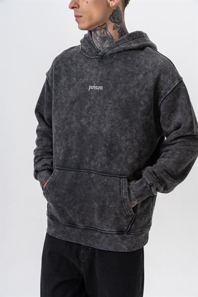 Erkek Snake Baskılı Yıkamalı Kapüşonlu Oversize Hoodie Siyah