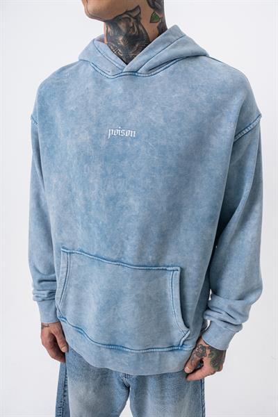 Erkek Snake Baskılı Yıkamalı Kapüşonlu Oversize Hoodie Mavi