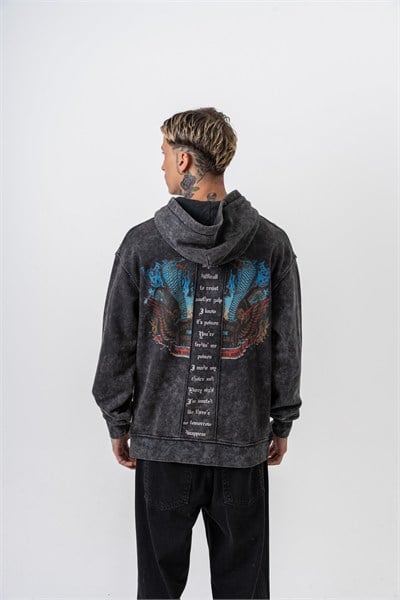 Erkek Snake Baskılı Yıkamalı Kapüşonlu Oversize Hoodie Siyah
