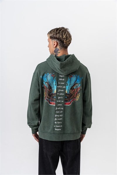 Erkek Snake Baskılı Yıkamalı Kapüşonlu Oversize Hoodie Yeşil