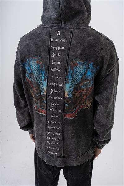 Erkek Snake Baskılı Yıkamalı Kapüşonlu Oversize Hoodie Siyah