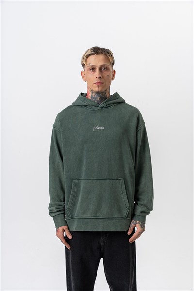 Erkek Snake Baskılı Yıkamalı Kapüşonlu Oversize Hoodie Yeşil