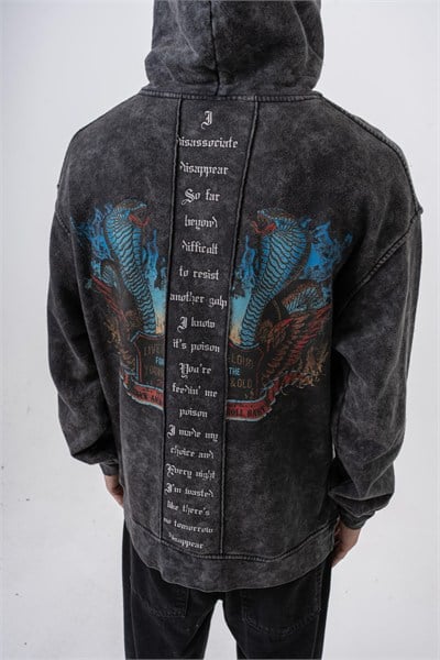Erkek Snake Baskılı Yıkamalı Kapüşonlu Oversize Hoodie Siyah
