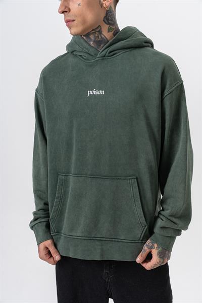 Erkek Snake Baskılı Yıkamalı Kapüşonlu Oversize Hoodie Yeşil