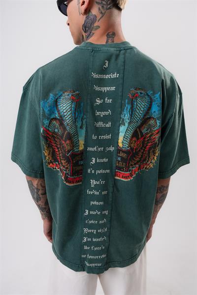 Erkek Snake Baskılı Yıkamalı Oversize T-Shirt Yeşil