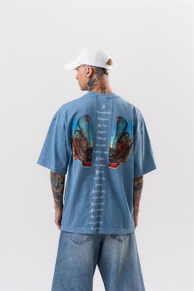 Erkek Snake Baskılı Yıkamalı Oversize T-Shirt Mavi