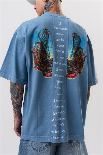 Erkek Snake Baskılı Yıkamalı Oversize T-Shirt Mavi